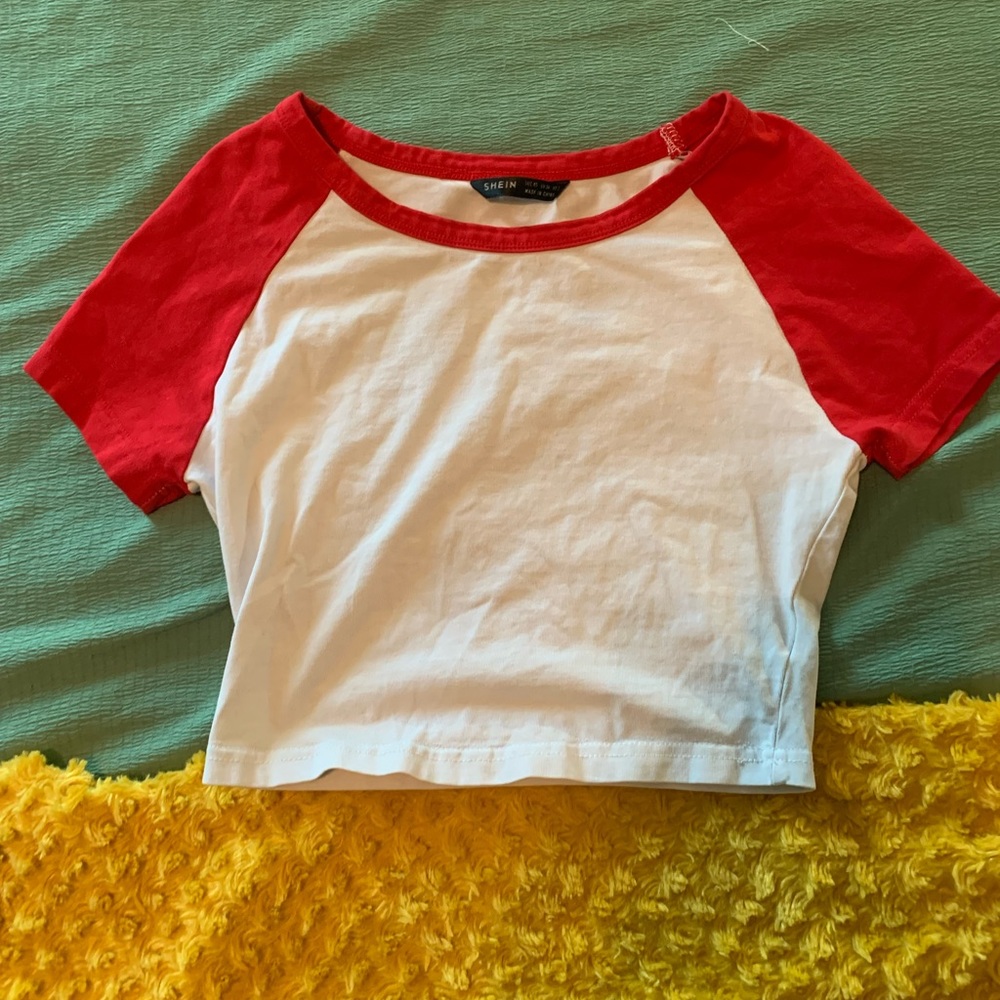 red and white baseball tee
